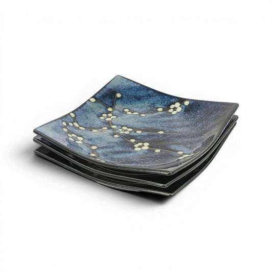 Set de 3 plats Yugen lab en porcelaine bleue avec motif de fleurs de cerisier japonaises incurvées