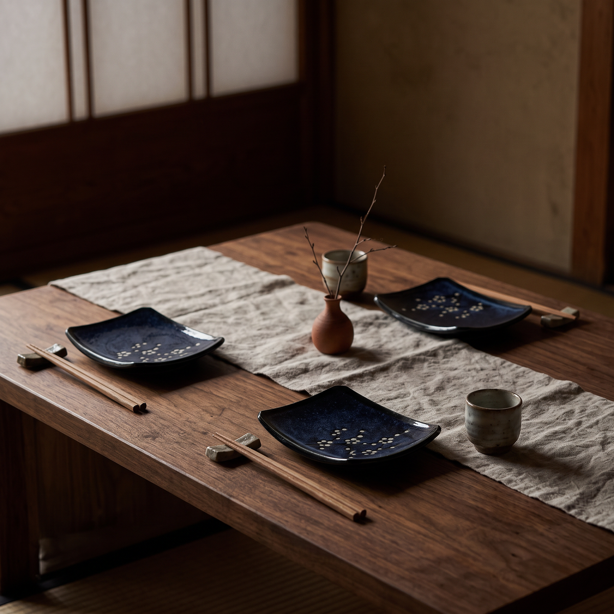 Plats rectangulaires japonais bleu foncé à fleurs de prunier dressés sur une table basse en bois