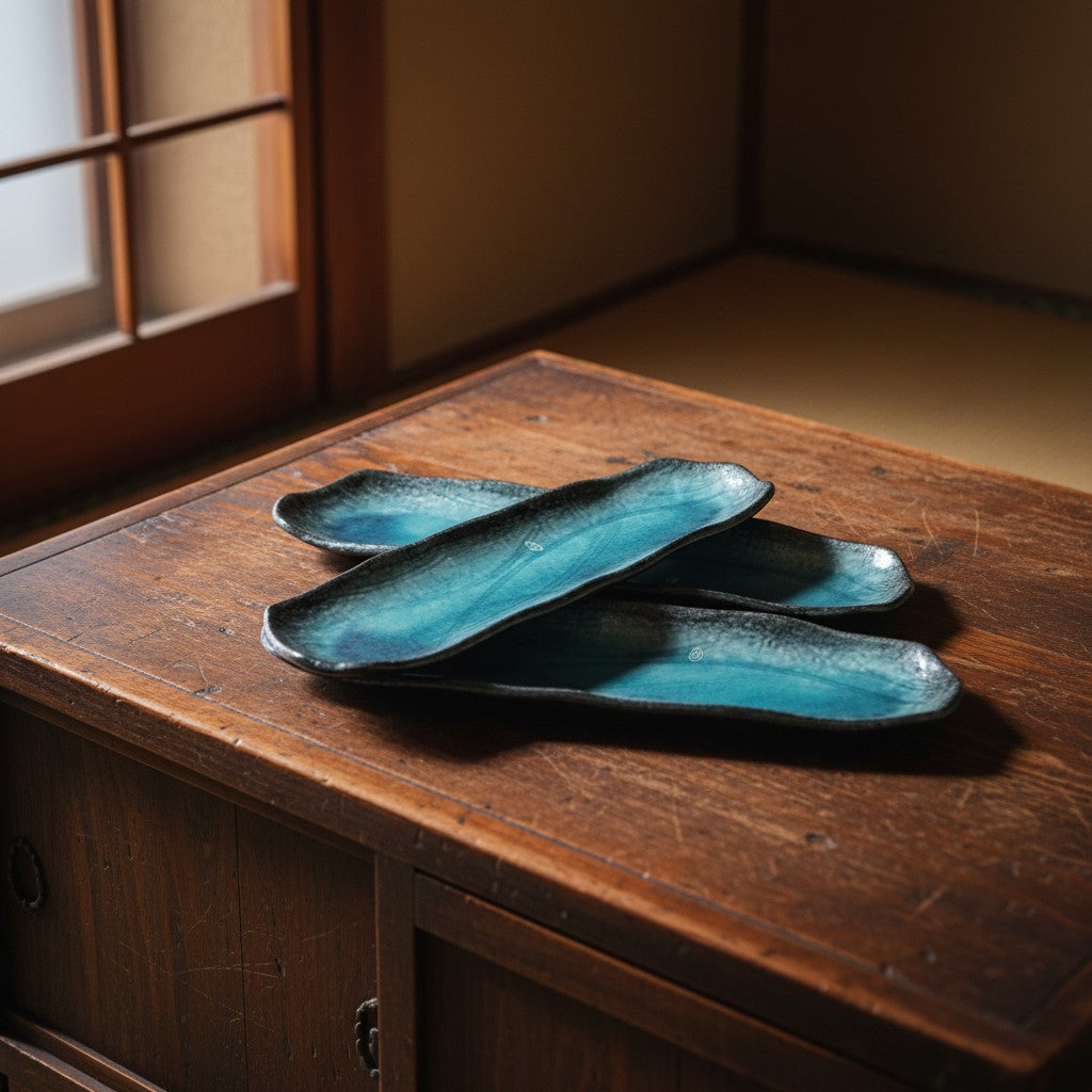 Set de 3 plats à sushi Yugen lab en céramique bleu turquoise, design artisanal japonais sur une table en bois