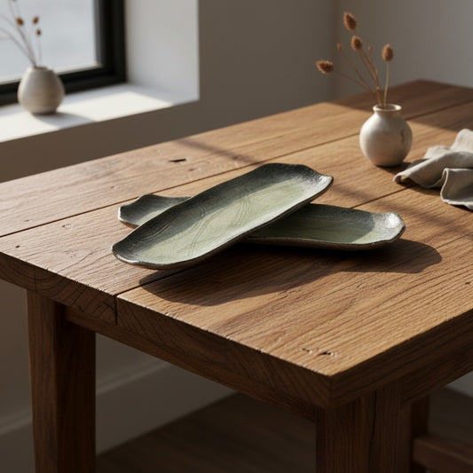 Set de 3 plats à sushi Yugen lab en céramique vert d'eau, design artisanal japonais sur une table en bois
