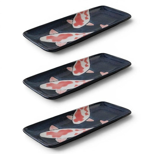 Set de 3 plats à sushi rectangulaires Yugen lab en céramique bleu foncé avec motifs de poissons koï