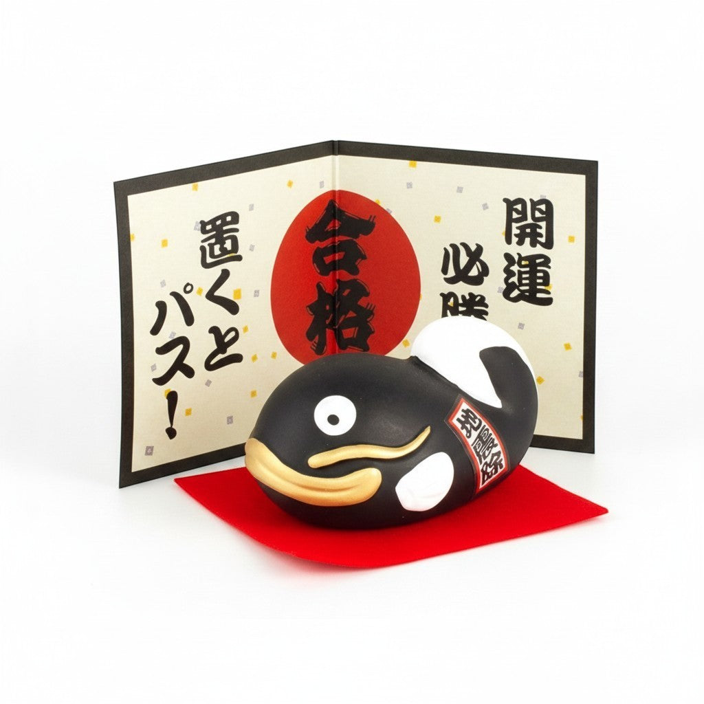 Figurine poisson-chat Namazu noir Yugen lab avec paravent japonais traditionnel et socle rouge