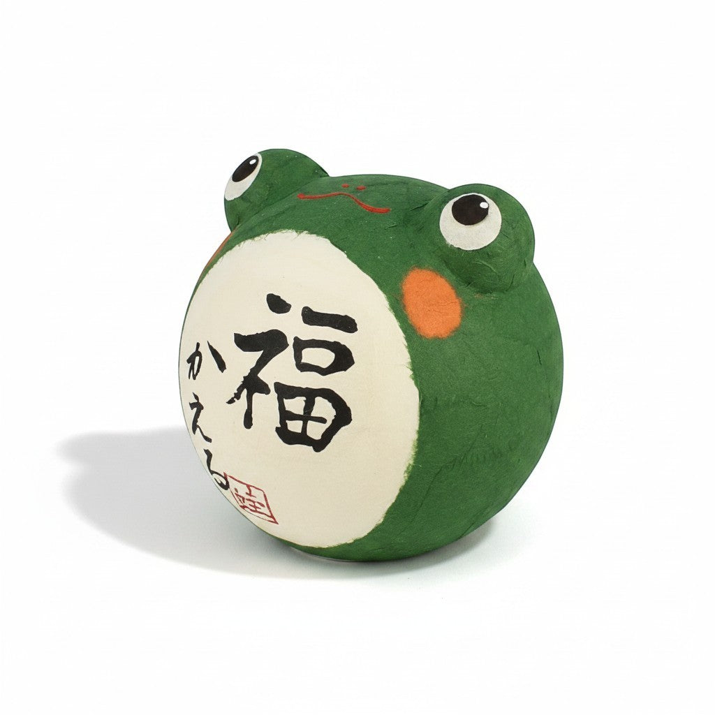 Porte-bonheur Yugen lab culbuto grenouille en papier vert traditionnel japonais avec calligraphie