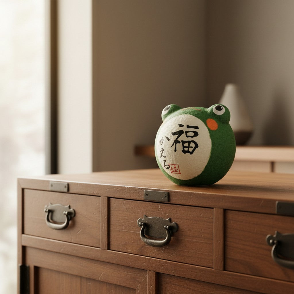 Porte-bonheur culbuto grenouille Yugen lab en papier vert avec calligraphie japonaise posé sur un meuble en bois