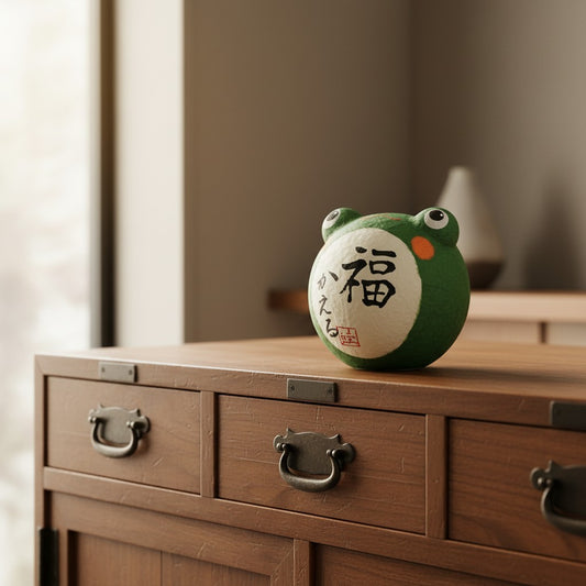 Porte-bonheur culbuto grenouille Yugen lab en papier vert avec calligraphie japonaise posé sur un meuble en bois