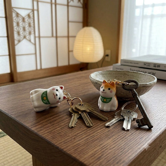 Porte-clés Yugen lab en porcelaine représentant deux chiens Mameshiba avec collier motif karakusa sur une table