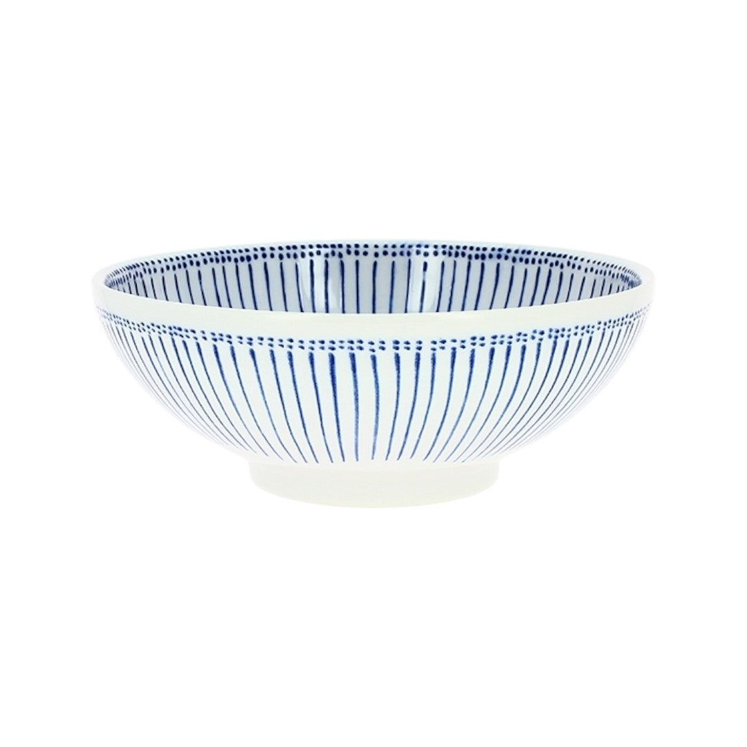 Grand saladier Yugen lab en céramique japonaise blanche orné de fines lignes et pointillés bleus