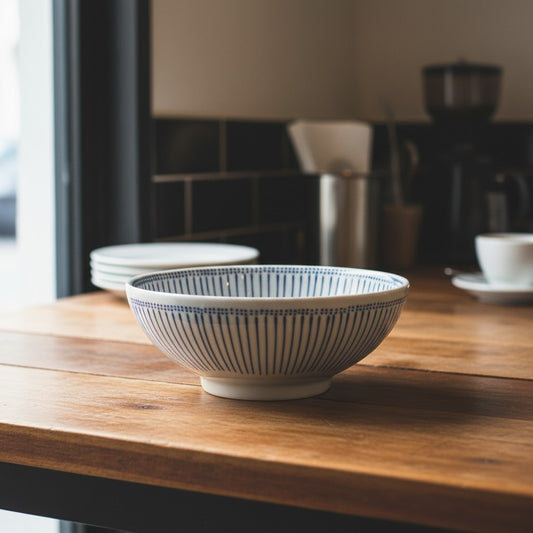Saladier Yugen lab en céramique japonaise blanche avec des rayures et pointillés bleus sur une table en bois