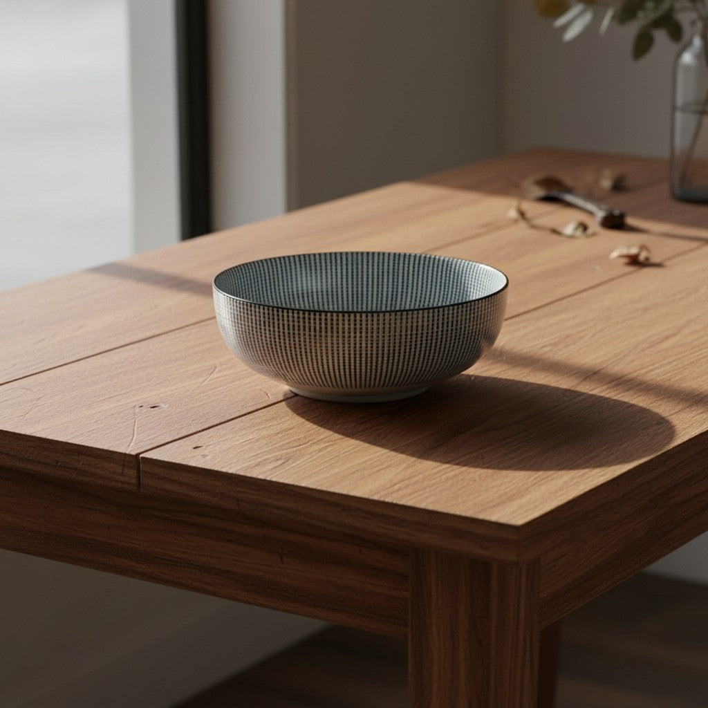 Saladier Yugen lab en céramique japonaise avec motif de pointillés bleus sur fond blanc posé sur une table en bois
