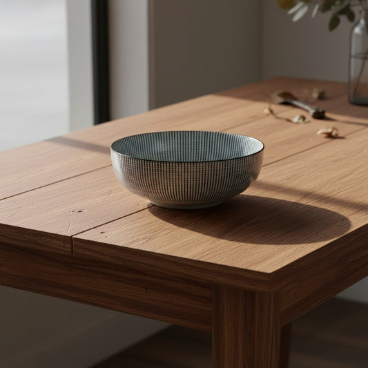 Saladier Yugen lab en céramique japonaise avec motif de pointillés bleus sur fond blanc posé sur une table en bois