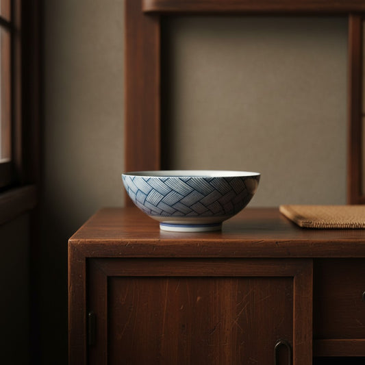 Saladier Yugen lab en céramique japonaise blanc et bleu avec un motif de lignes croisées tissées sur une table en bois