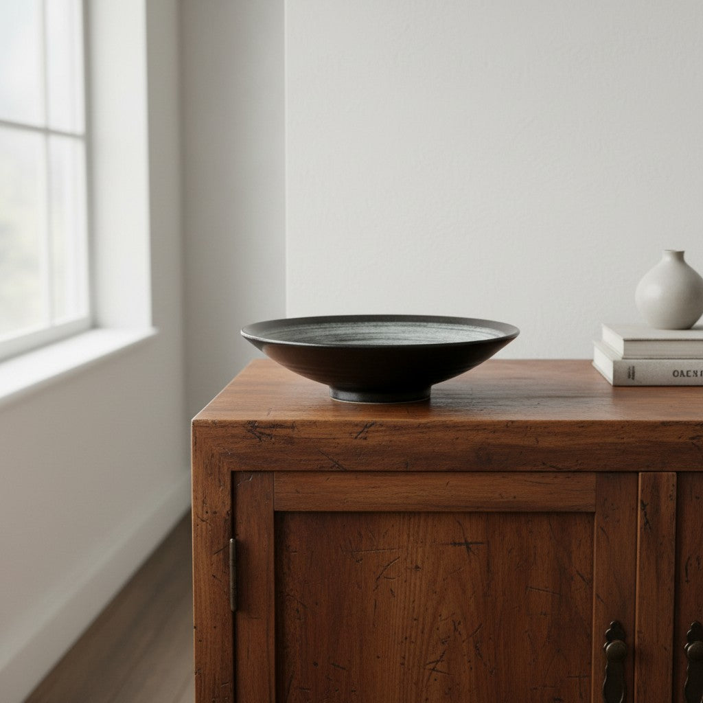 Saladier Yugen lab en céramique et grès noir avec intérieur blanc patiné, posé sur un meuble en bois rustique.