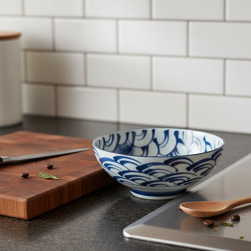 Saladier Yugen lab en porcelaine blanche avec motif de vagues bleues style japonais sur un plan de travail