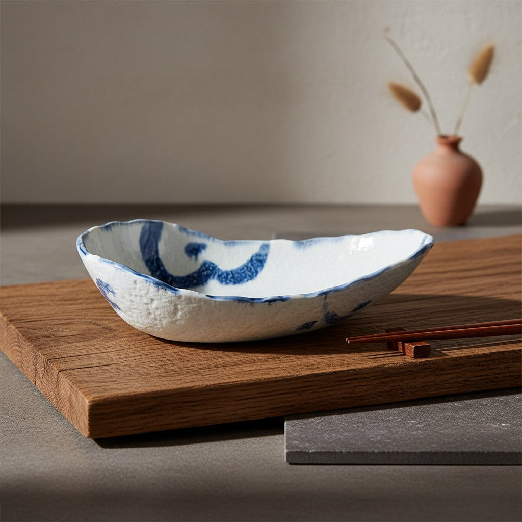 Saladier rustique Yugen lab en céramique blanche et bleue, forme organique inspirée d'un coquillage sur planche en bois