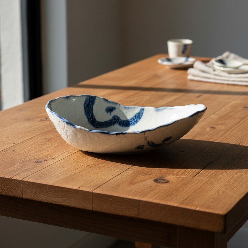 Saladier rustique Yugen lab en céramique blanche et bleue avec une forme organique inspirée d'un coquillage