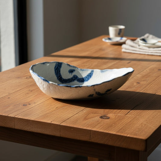 Saladier rustique Yugen lab en céramique blanche et bleue avec une forme organique inspirée d'un coquillage