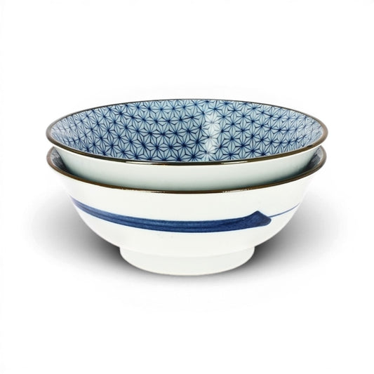 Ensemble de deux saladiers Yugen lab en céramique japonaise avec motifs géométriques bleus et bordure noire