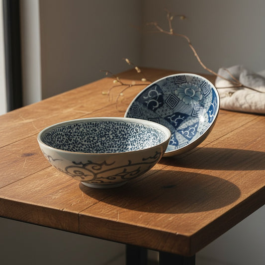 Set de 2 saladiers en céramique japonaise Yugen lab avec motifs bleus traditionnels sur fond blanc sur table en bois