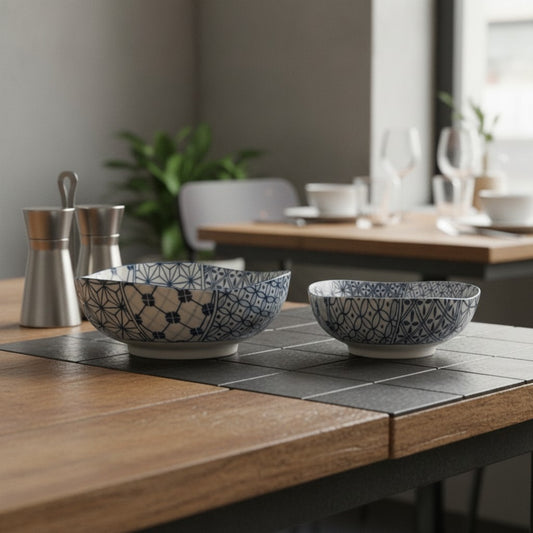 Set de 2 saladiers Yugen lab en céramique japonaise avec motifs patchwork bleus et blancs sur une table en bois