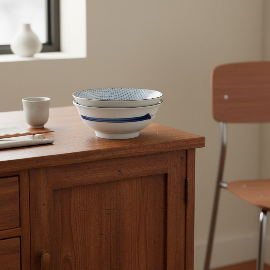 Ensemble de deux grands saladiers Yugen lab en céramique blanche et bleue avec motifs graphiques japonais sur une table