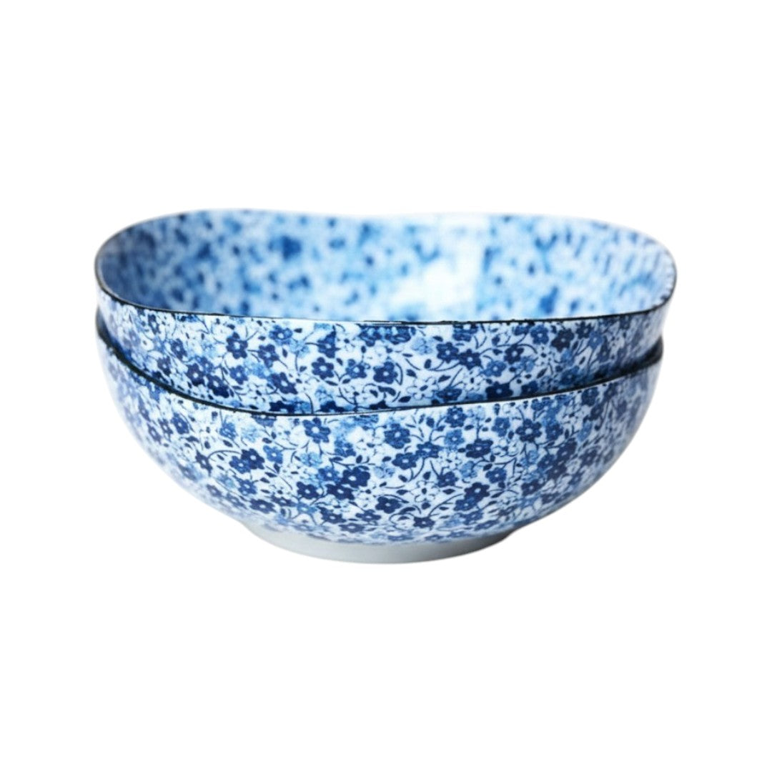 Set de deux saladiers Yugen lab en porcelaine blanche avec motif floral bleu indigo traditionnel japonais