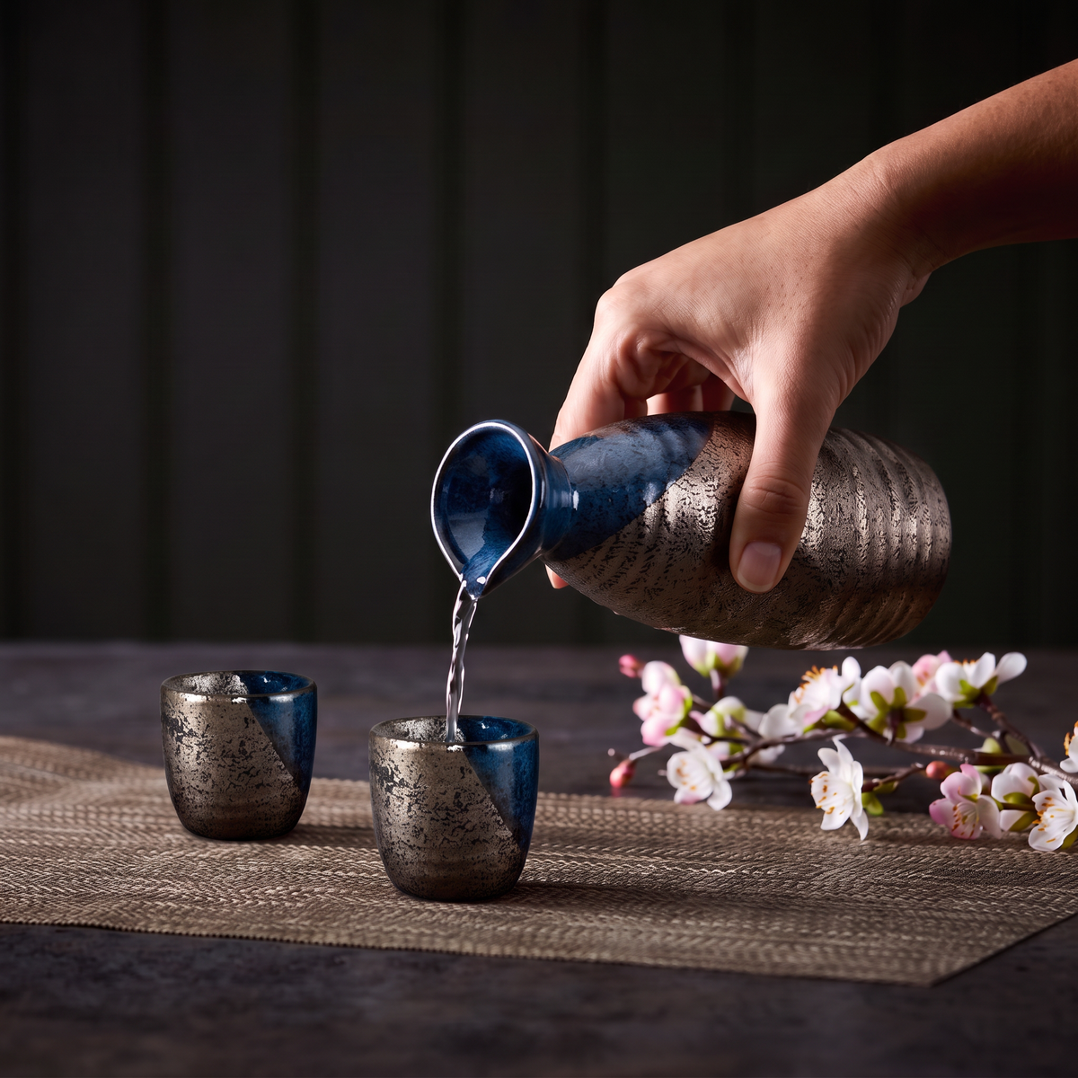 Metallic grey and blue Japanese sake set, sake being poured into a cup, with cherry blossoms