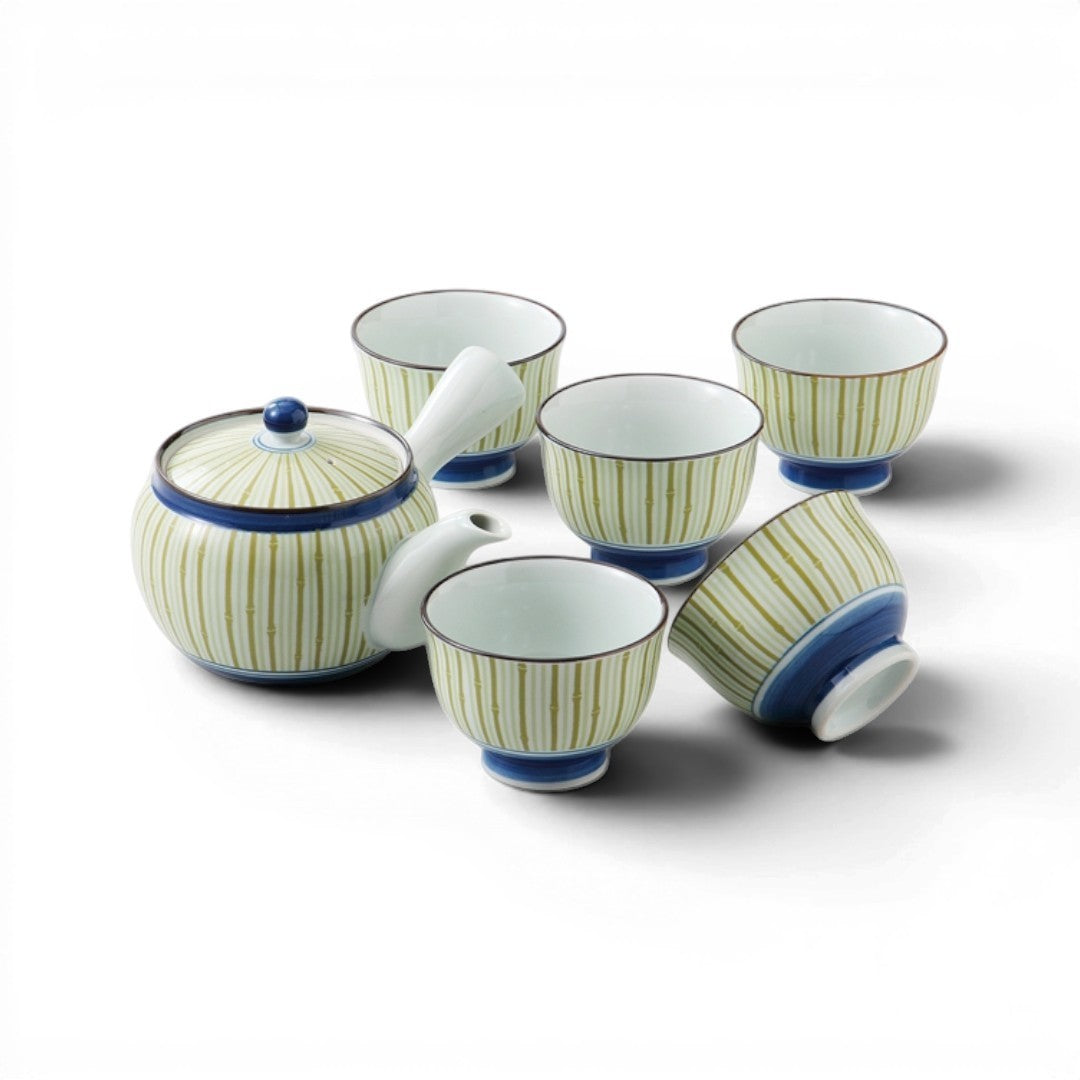 Service à thé Yugen lab comprenant une théière et 5 tasses japonaises en céramique à motifs rayés verts et bleus