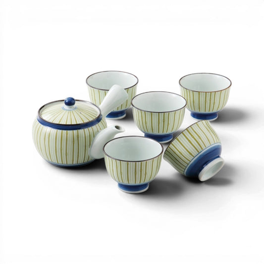 Service à thé Yugen lab comprenant une théière et 5 tasses japonaises en céramique à motifs rayés verts et bleus