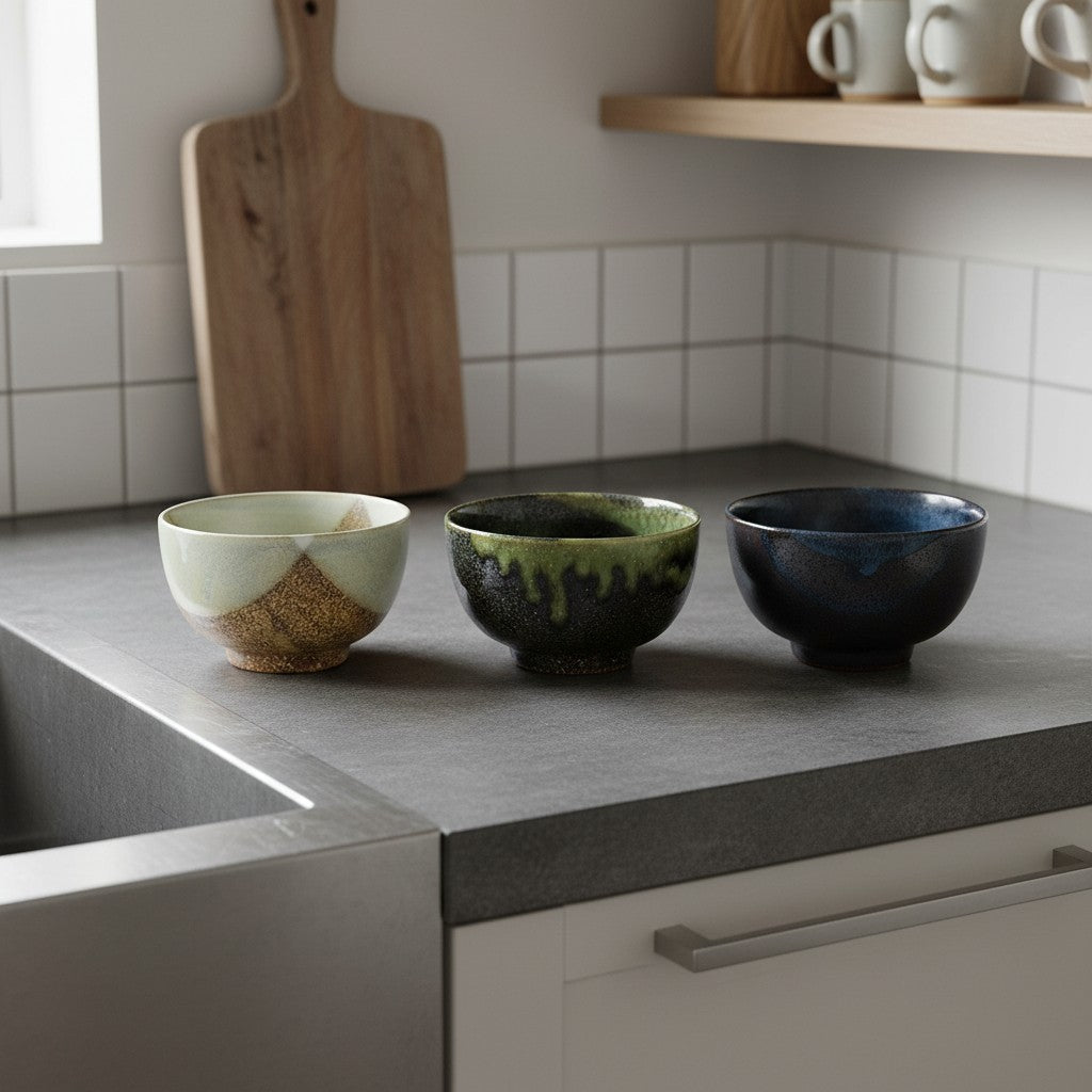 Set de 3 bols donburi Yugen lab en céramique japonaise avec motifs coulants artisanaux dans une cuisine moderne