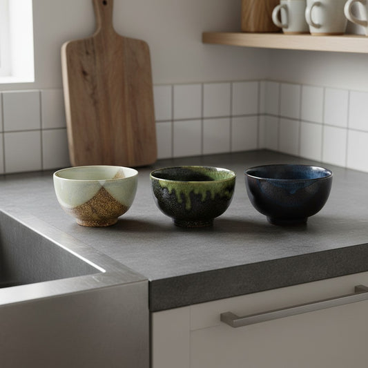 Set de 3 bols donburi Yugen lab en céramique japonaise avec motifs coulants artisanaux dans une cuisine moderne