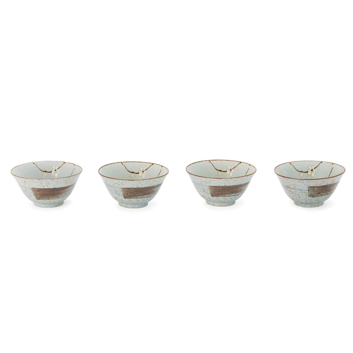 Set de 4 bols japonais Yugen lab en céramique bleutée avec motifs floraux et bandes marron sur fond blanc