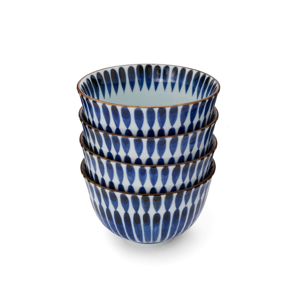 Set de 4 bols japonais Yugen lab en céramique blanche et bleue avec motif de pinceaux verticaux traditionnels