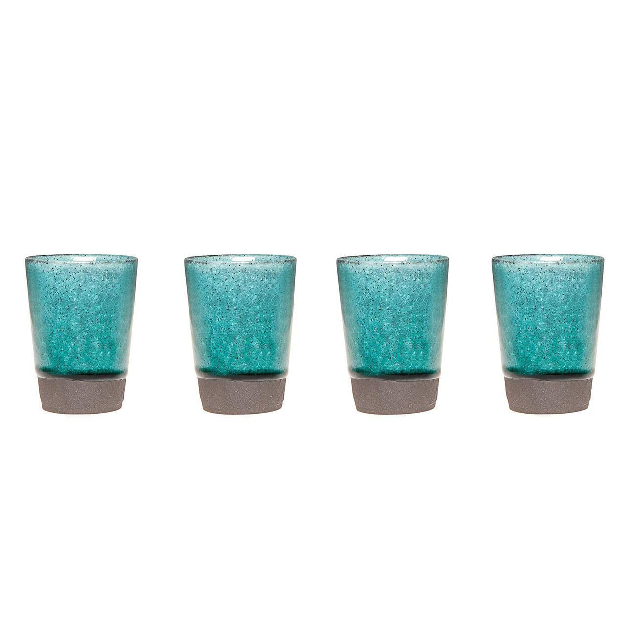 Set de 4 tasses à thé japonaises Yugen lab en céramique turquoise avec finition craquelée et base grise mate.