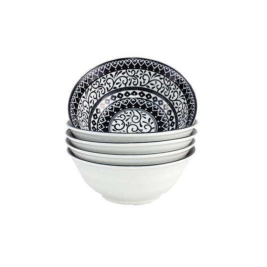 Set de 5 bols Yugen lab en porcelaine et céramique avec motifs arabesques noirs sur fond blanc, style japonais moderne.