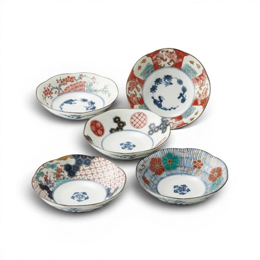 Set de 5 bols Yugen lab en céramique japonaise avec motifs floraux et géométriques colorés et bords en pétales