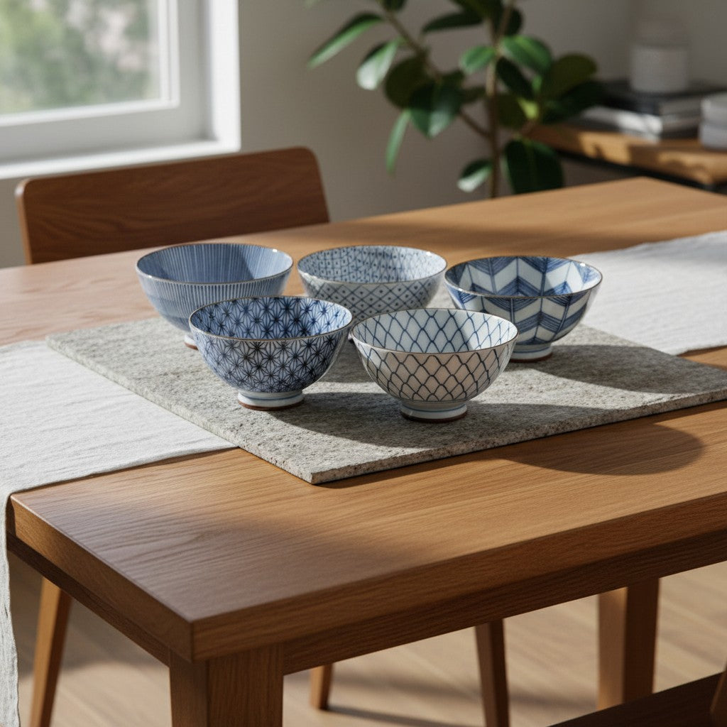 Set de 5 bols japonais Yugen lab en porcelaine blanche et bleue avec motifs géométriques traditionnels sur table bois