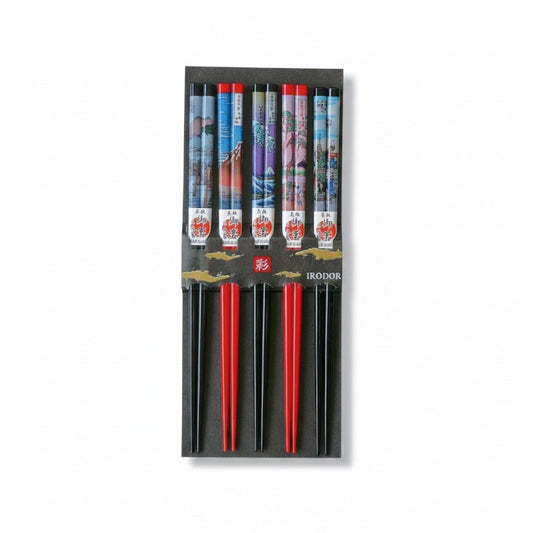 Set de 5 paires de baguettes japonaises Yugen lab décorées de paysages du Mont Fuji avec embouts colorés