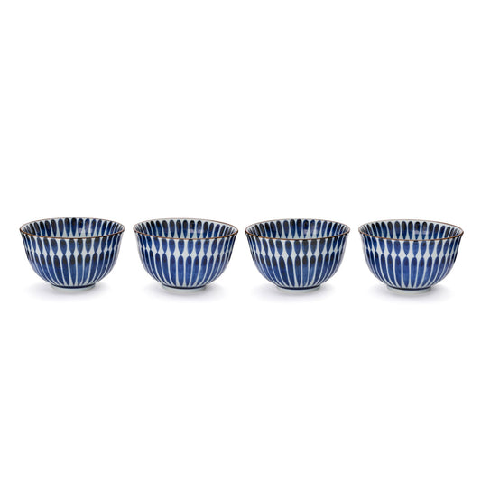 Set de 4 bols japonais Yugen lab en céramique blanche et bleue avec motif de pinceaux verticaux traditionnels