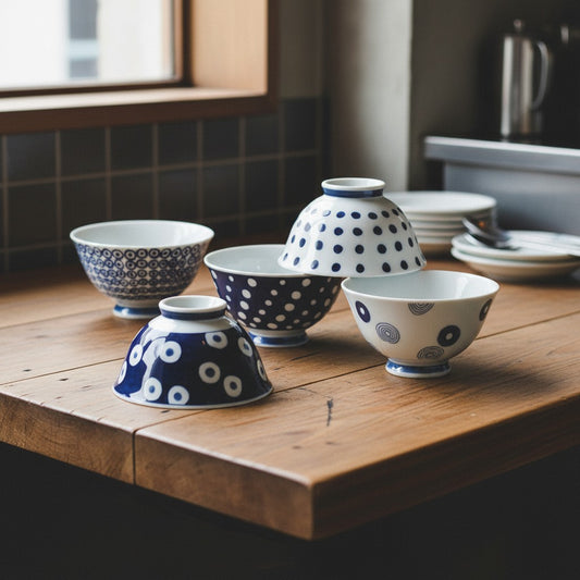 Set de 5 bols japonais Yugen lab en céramique blanche avec motifs géométriques et floraux en bleu indigo