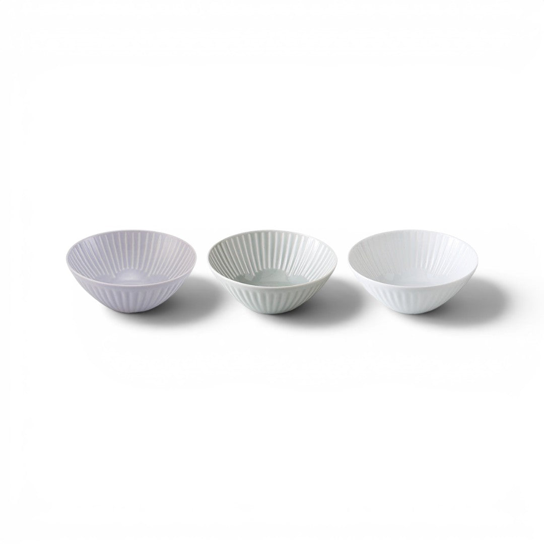 Set de 3 bols Yugen lab en porcelaine japonaise fine avec motifs striés dans des tons pastel et blanc