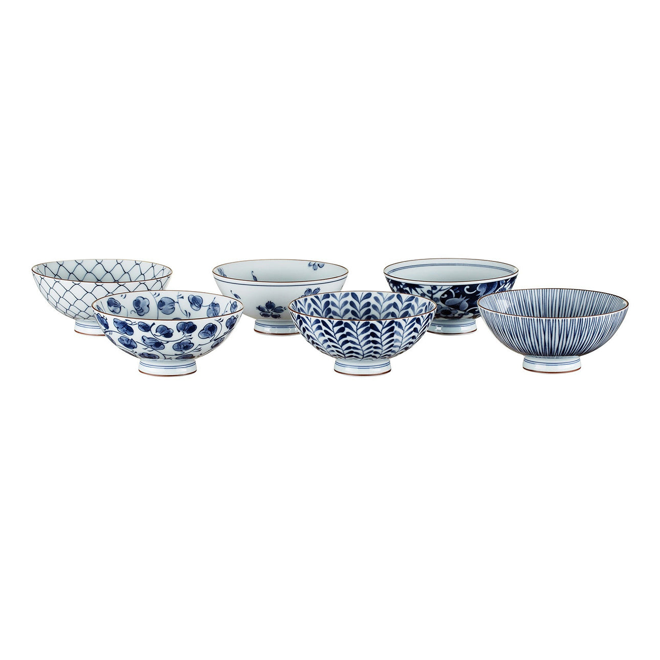 Set de 6 bols à riz Yugen lab en céramique blanche et bleue avec des motifs floraux et géométriques traditionnels