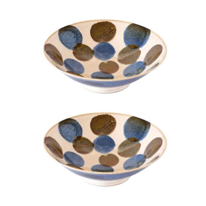 Set de deux saladiers Yugen lab en porcelaine japonaise avec motifs de cercles bleus et marrons peints à la main