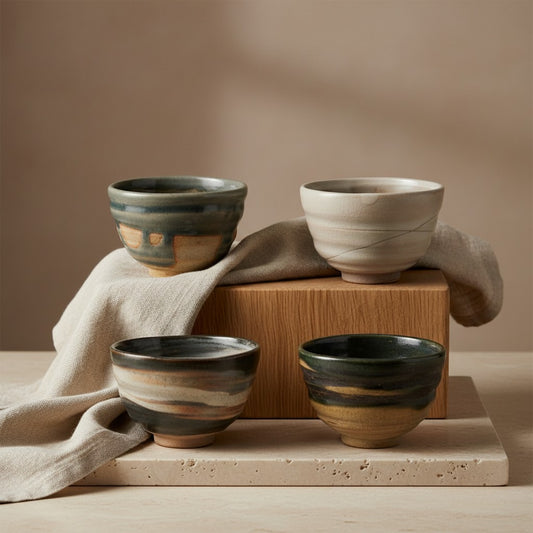 Set de quatre bols à riz Yugen lab en céramique artisanale style wabi-sabi aux nuances terreuses et naturelles