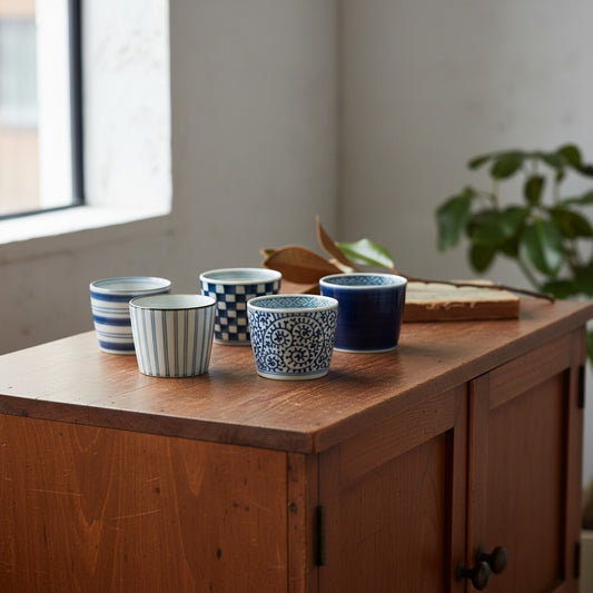 Set de 5 tasses à soba Yugen lab en porcelaine blanche et bleue avec motifs traditionnels japonais sur un meuble bois
