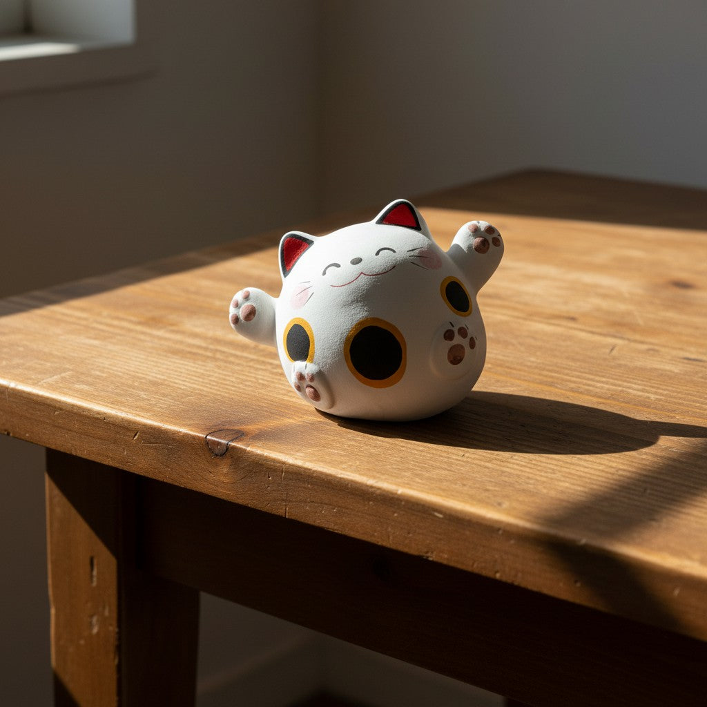 Statuette Maneki neko Yugen lab en porcelaine blanche avec motifs ronds, posée sur une table en bois ensoleillée.