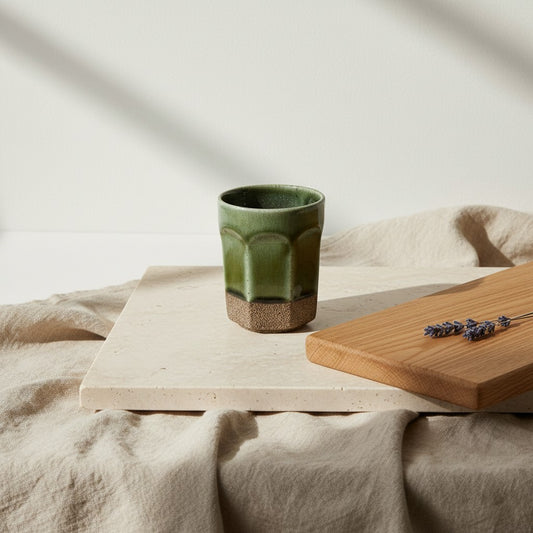 Tasse japonaise Yunomi Yugen lab en céramique vert profond avec base texturée brute sur un plateau en pierre