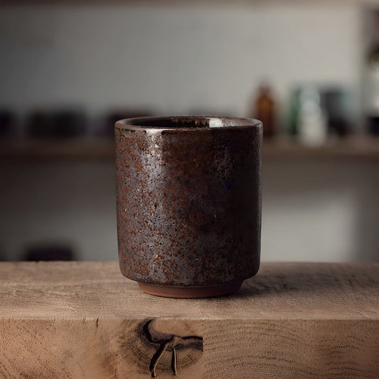 Tasse à thé Yugen lab en céramique brun rouge avec une texture mouchetée artisanale et un design japonais minimaliste
