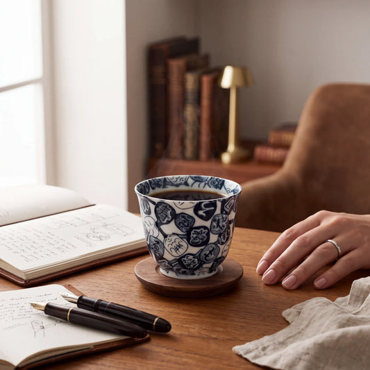 Tasse à thé Yugen lab en porcelaine fine japonaise avec motifs bleus et blancs sur un bureau en bois