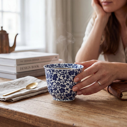 Tasse à thé en porcelaine fine Yugen lab à motifs floraux bleus et blancs, tenue par une femme sur une table en bois.