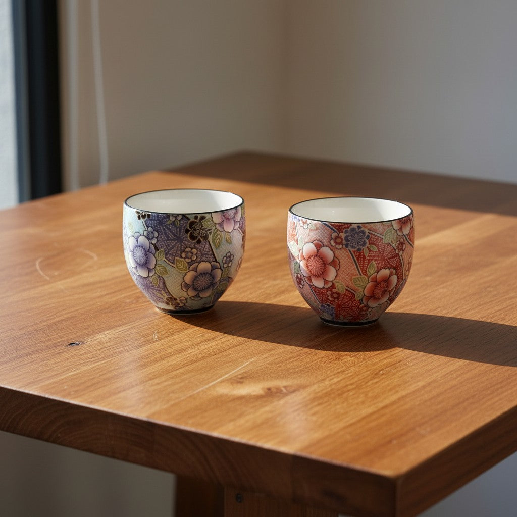 Set de 2 tasses japonaises Yugen lab en céramique sans anse avec motifs floraux colorés sur une table en bois